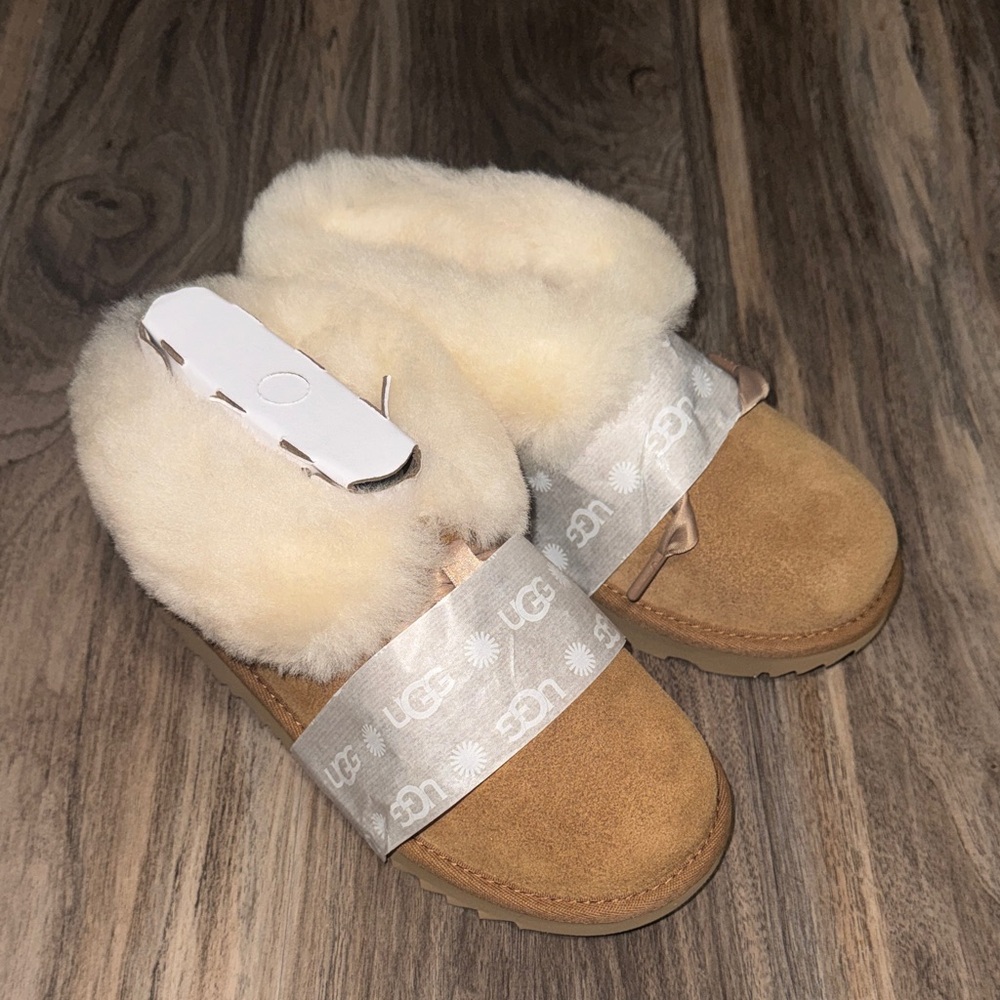 UGG Tan Slippers with Cream Fur Lining